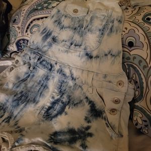No Boundaries Tie Dye Overall Shorts Lg 11-13 Juniors Blue, White
